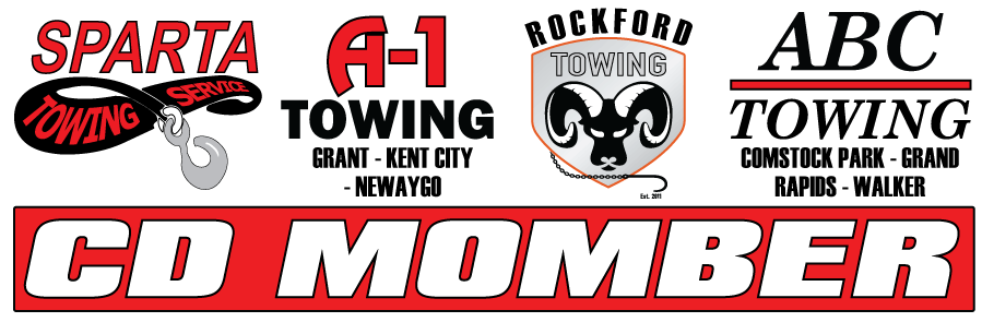 A1 Towing (CD Momber) owned companies: logos for A-1 Towing & Recovery - Grant MI, A-1 Towing & Recovery - Newaygo MI, ABC Towing - Comstock Park MI, Rockford Towing, and Sparta Towing & Recovery